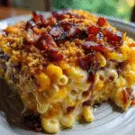 BBQ Bacon Mac and Cheese Lasagna with golden crispy top and melted cheese layers