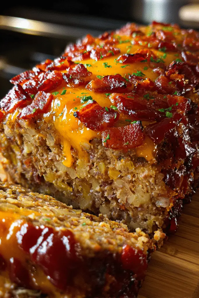 BBQ Bacon Cheddar Meatloaf Pinterest recipe with crispy bacon and melted cheese layers