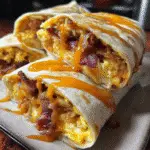 BBQ Cheddar Bacon Breakfast Burritos with melted cheese and crispy bacon made with premium ingredients