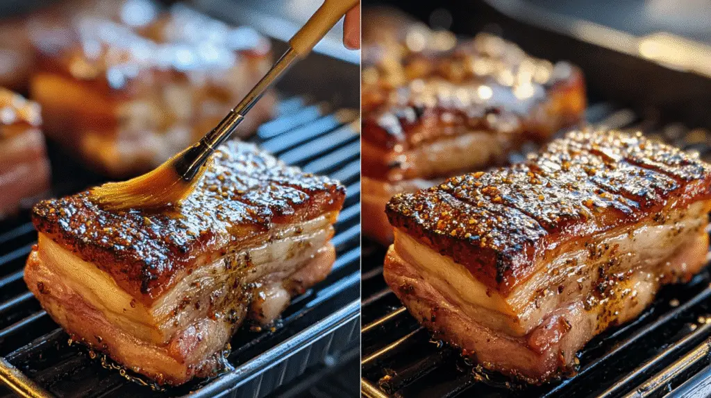Step-by-step cooking process for BBQ pork belly with apple cider glaze