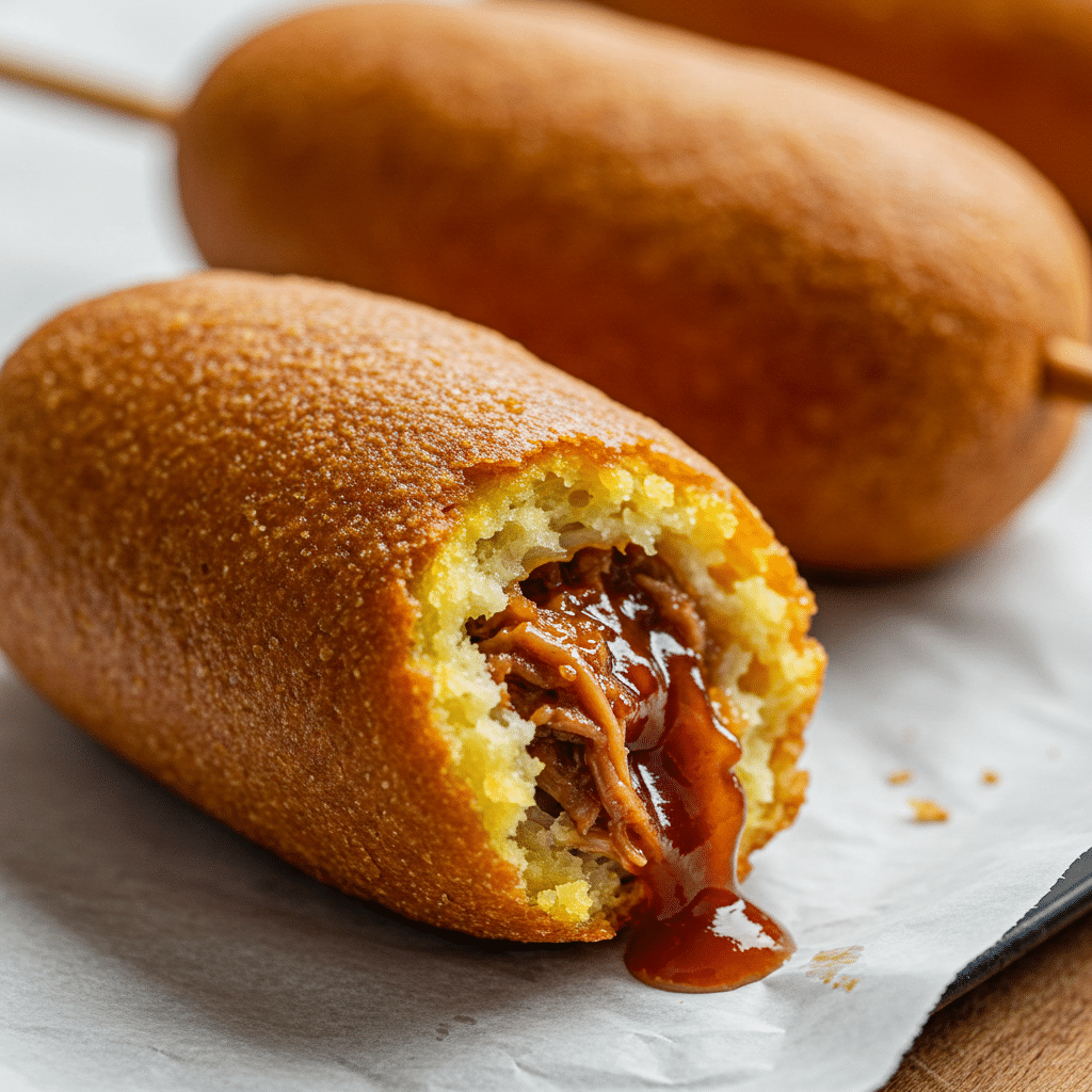 Deep-Fried BBQ Pulled Pork Corn Dogs with crispy golden batter