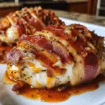 BBQ Ranch Chicken stuffed with Pepper Jack cheese and bacon on white plate
