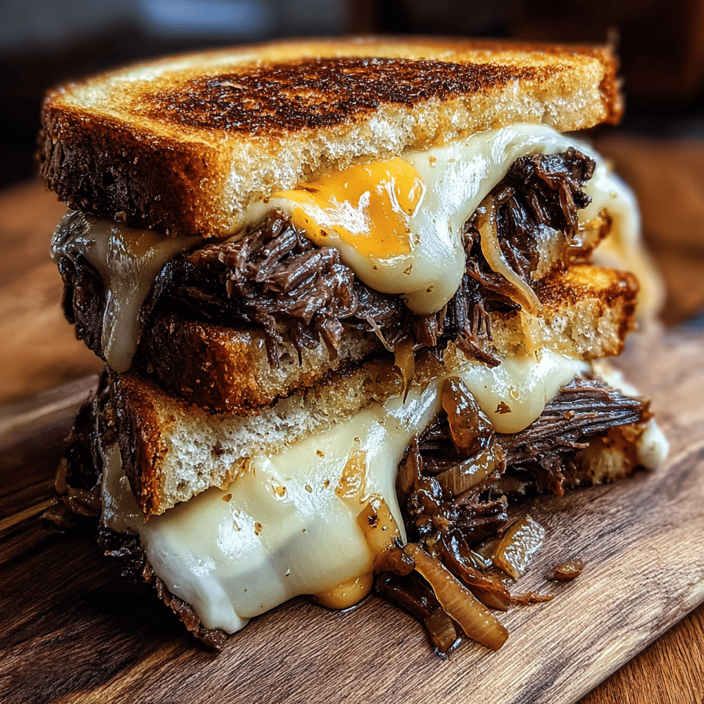 Beer Braised Short Rib Grilled Cheese with melted cheddar on golden sourdough