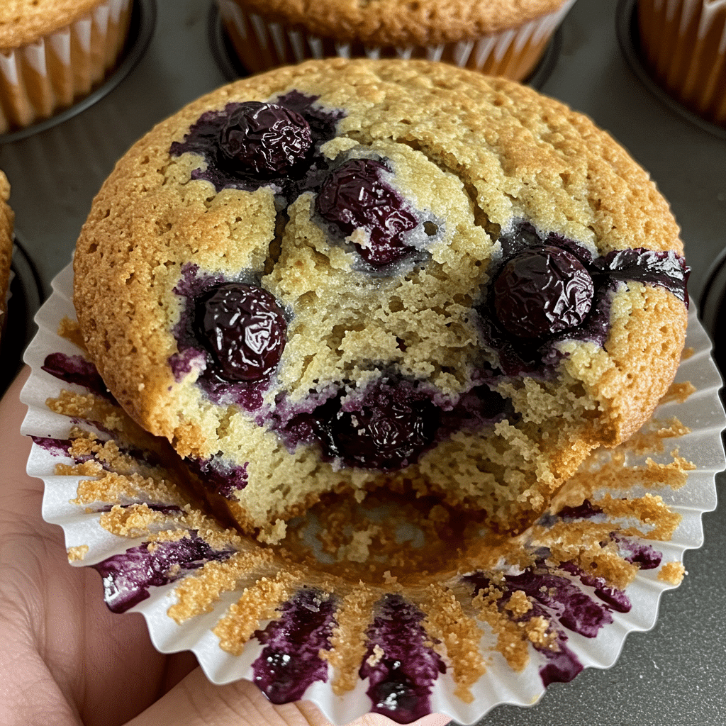 Fresh blueberry muffins with golden tops and bursting berries - homemade breakfast recipe