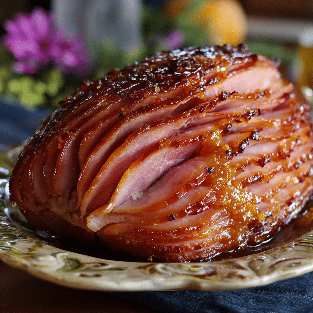Bourbon Brown Sugar Baked Ham glazed to perfection with premium bourbon and brown sugar glaze