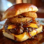Bourbon-glazed onion ring burger with cheddar lava - gourmet burger recipe with melted cheese center