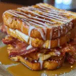 Bourbon Maple Bacon Stuffed French Toast with vanilla glaze drizzled on premium brioche bread