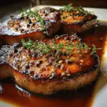 Bourbon Molasses Glazed Pork Chops with caramelized glaze on premium bone-in cuts