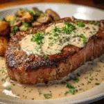 Bourbon steak with haunted garlic cream sauce recipe - perfectly seared New York strip with rich bourbon cream sauce