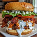 Buffalo Bacon Blue Cheese Smash Burger with buttermilk ranch flood featuring crispy chicken patty premium ingredients