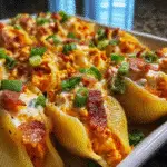 Buffalo Chicken Bacon Ranch Stuffed Shells with creamy cheese filling and crispy bacon topping in ceramic baking dish