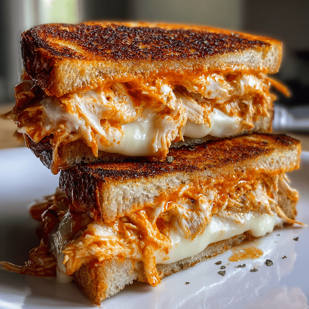 Buffalo Chicken Ranch Grilled Cheese recipe with melted sharp cheddar and Frank's RedHot sauce