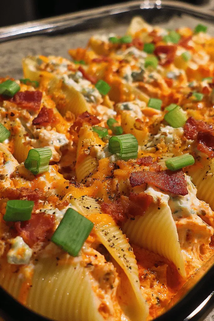 Pinterest-style Buffalo Chicken Bacon Ranch Stuffed Shells recipe photo with ingredients and finished dish display