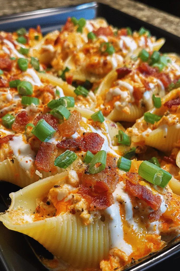 Buffalo Chicken Bacon Ranch Stuffed Shells comfort food recipe with golden cheese topping and bacon bits for Pinterest sharing