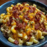 Buffalo Ranch Bacon Cheeseburger Mac creamy pasta dish with melted cheddar and crispy bacon