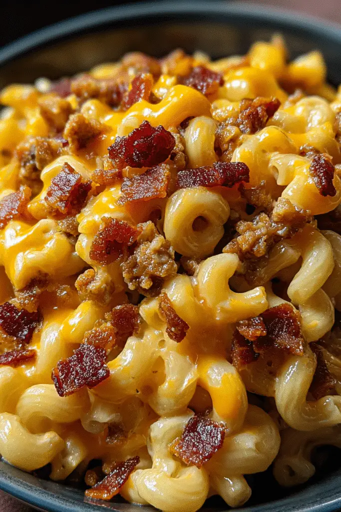 Buffalo Ranch Bacon Cheeseburger Mac Pinterest recipe with golden cheese and bacon topping