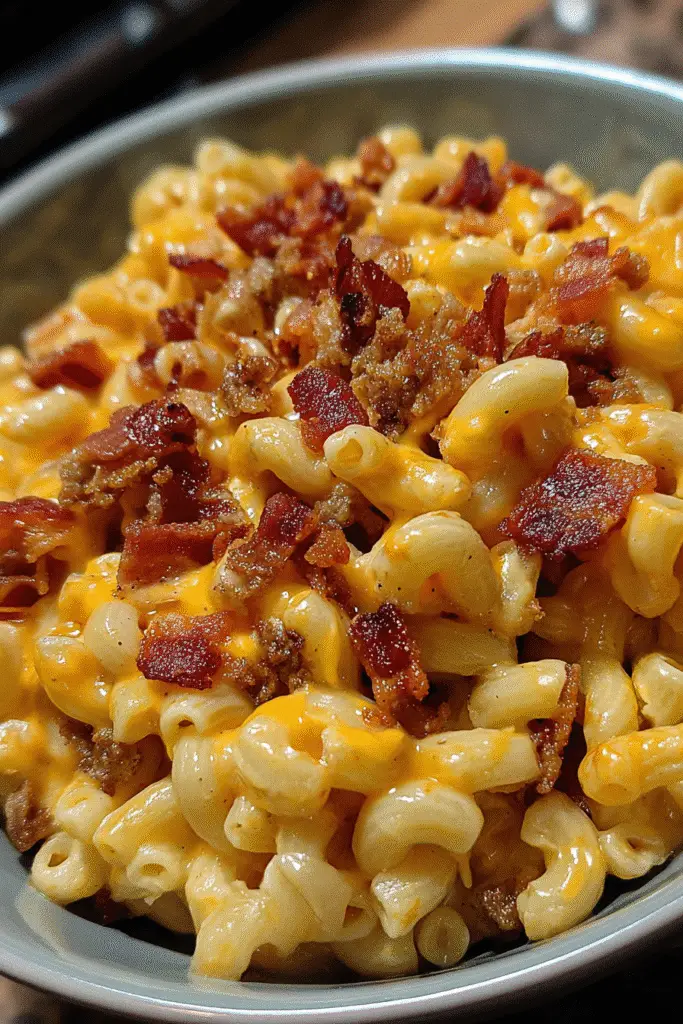 Buffalo Ranch Bacon Cheeseburger Mac comfort food recipe with creamy cheese sauce