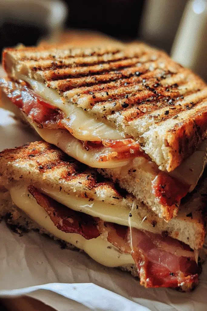 Cajun Maple Bacon Provolone Panini cross-section showing melted Sargento provolone and crispy Hormel bacon layers