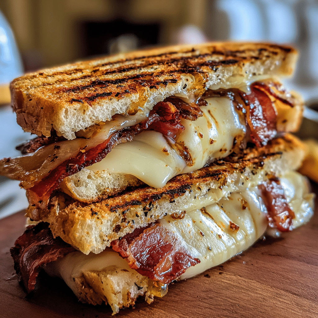 Cajun Maple Bacon Provolone Panini with premium Boar's Head provolone and thick-cut applewood bacon on artisan sourdough