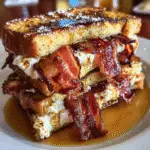 Candied bacon stuffed French toast with cream cheese filling golden brown breakfast