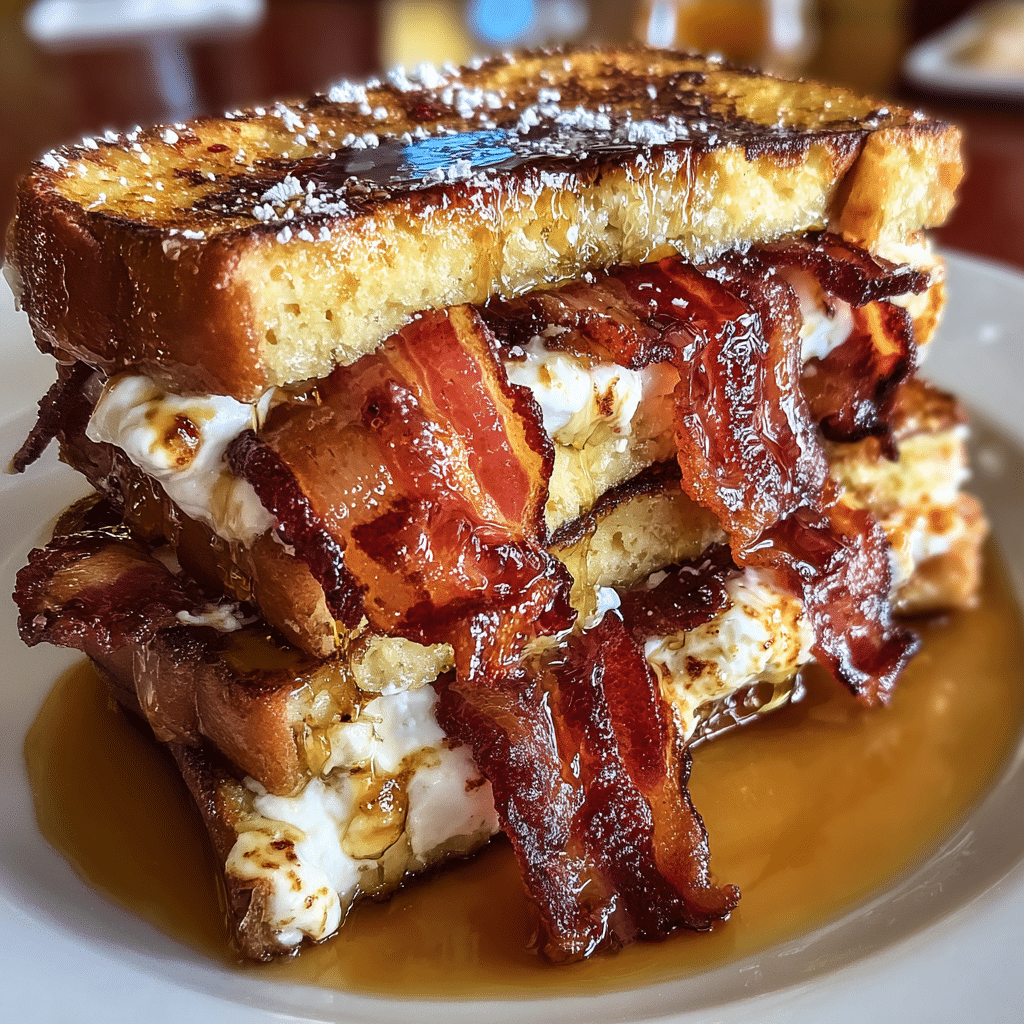 Candied bacon stuffed French toast with cream cheese filling golden brown breakfast