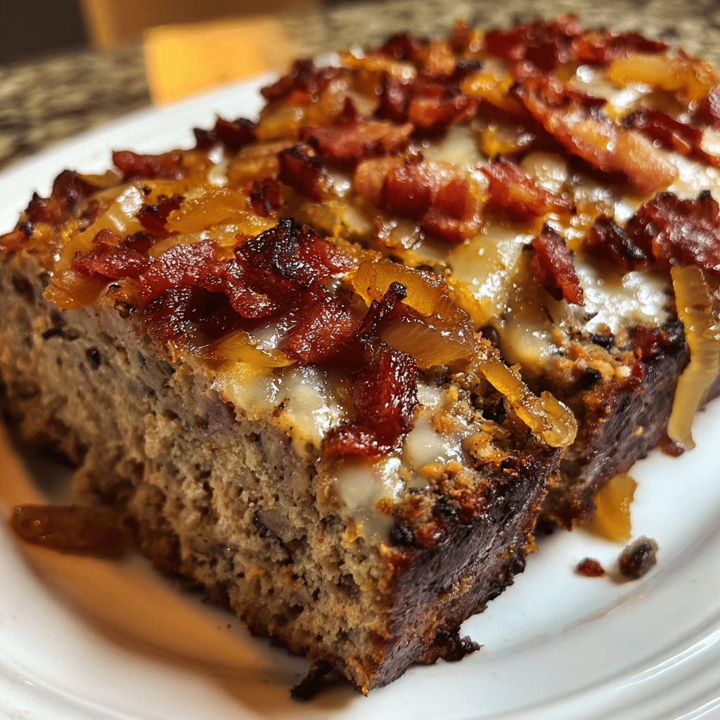 Caramelized Onion Swiss Bacon Smash Meatloaf close-up with juicy layers of beef, pork, Swiss cheese, and bacon.