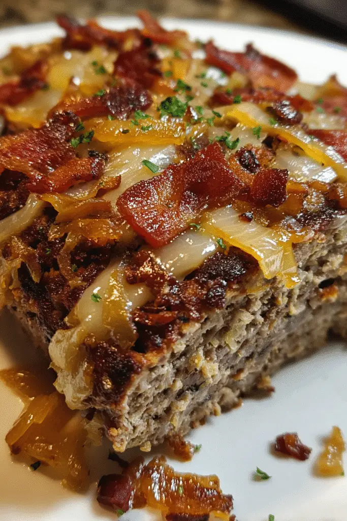 Juicy Caramelized Onion Swiss Bacon Smash Meatloaf sliced to reveal melted Swiss cheese and crispy bacon.