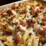 Chicken Bacon Ranch Alfredo Casserole with creamy penne pasta, crispy bacon, and melted mozzarella cheese in premium kitchen setting