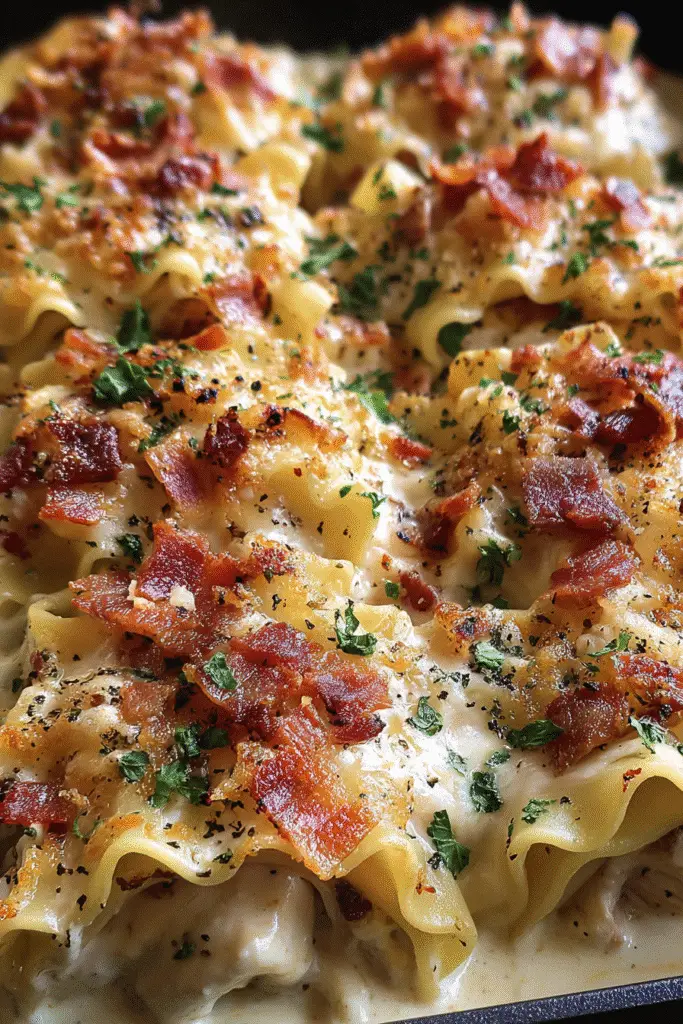Assembled Cheesy Chicken Bacon Ranch Lasagna Rolls in baking dish ready for oven