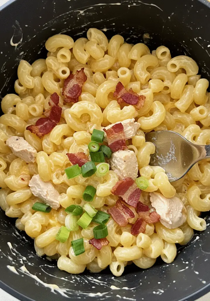 Pinterest-ready Chicken Bacon Ranch Macaroni recipe photo showing creamy cheese sauce and crispy bacon pieces