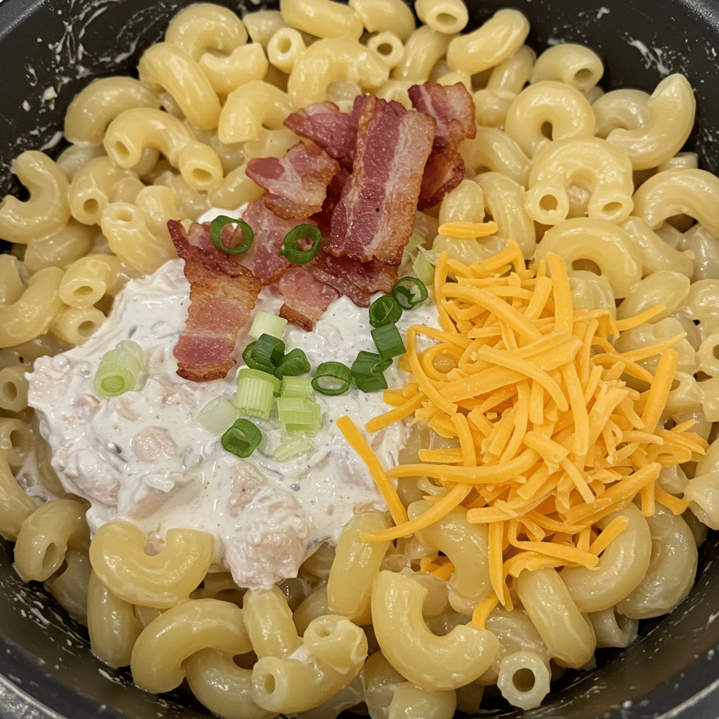 Chicken Bacon Ranch Macaroni recipe featuring tender chicken, crispy bacon, and melted cheddar cheese in creamy ranch sauce