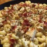 Chicken Bacon Ranch Pizza Macaroni casserole with melted cheese and crispy bacon