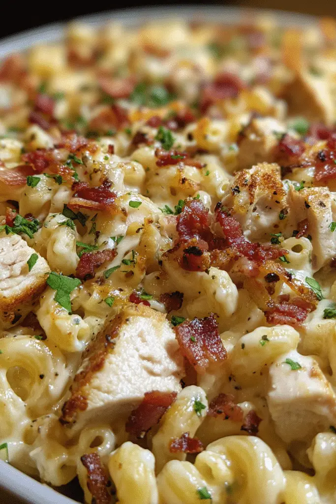 Homemade Chicken Bacon Ranch Pizza Macaroni casserole recipe close-up