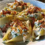 Chicken bacon ranch stuffed shells with melted cheese and crispy bacon pieces in baking dish
