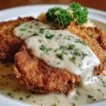 Chicken fried pork chops with white gravy on plate featuring crispy golden coating