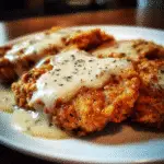 Chicken-fried steak with white pepper gravy on rustic plate featuring golden crispy coating