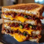 Chili Cheese Bacon Grilled Sandwich with crispy thick-cut bacon and sharp cheddar cheese on artisan sourdough bread