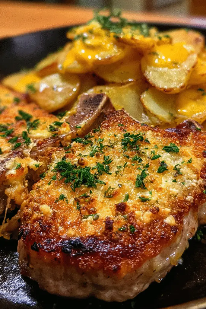 Comfort food Parmesan Pork Chops loaded scalloped potatoes family dinner