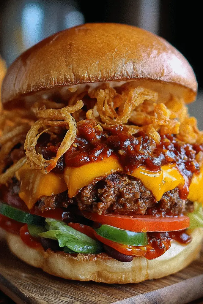 Loaded Cowboy Chili Cheese Burger with Crispy Onion Straws