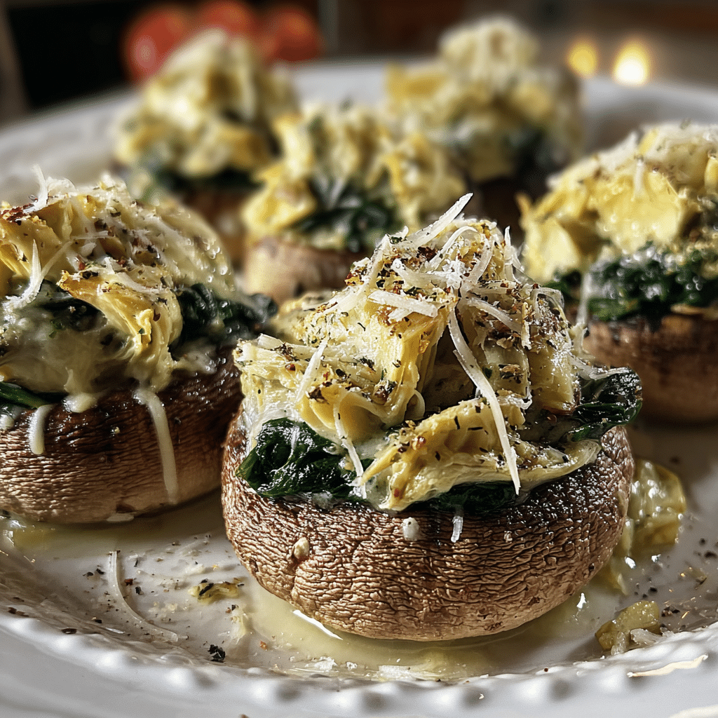 Creamy artichoke spinach mushroom caps stuffed appetizer recipe on white plate
