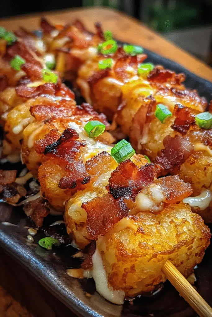 Bacon-wrapped tater tot skewers close-up showing crispy bacon and melted cheese details