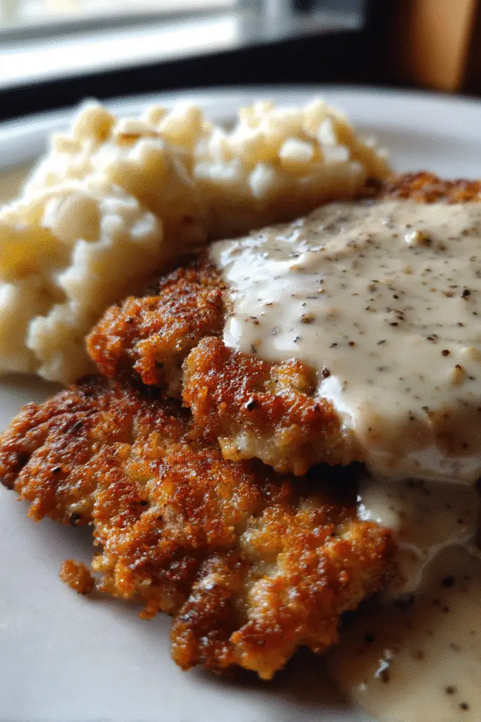 Crispy chicken-fried steak with homemade white pepper gravy vertical food photography