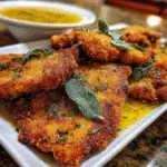 Crispy fried turkey cutlets with golden sage gravy on white plate, premium restaurant-style presentation