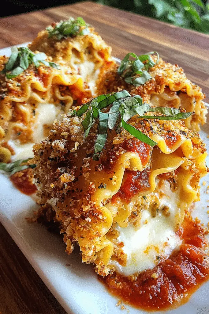 Crispy Lasagna Roll-Up Cheese Bombs serving suggestions with marinara dipping sauce and fresh herbs garnish party presentation