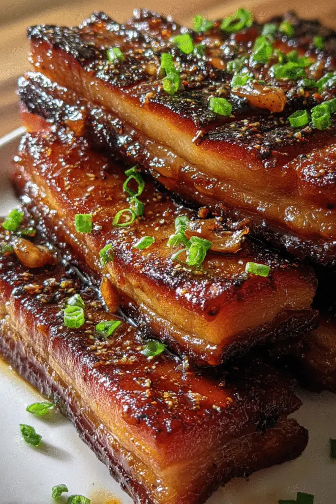 Crispy pork belly slabs with sticky maple garlic glaze using meat thermometer and chef's knife