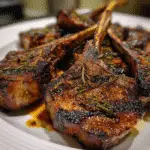 Smoked lamb chops with dark rum glaze showing caramelized crust and herb seasoning on CrennRecipes premium plate