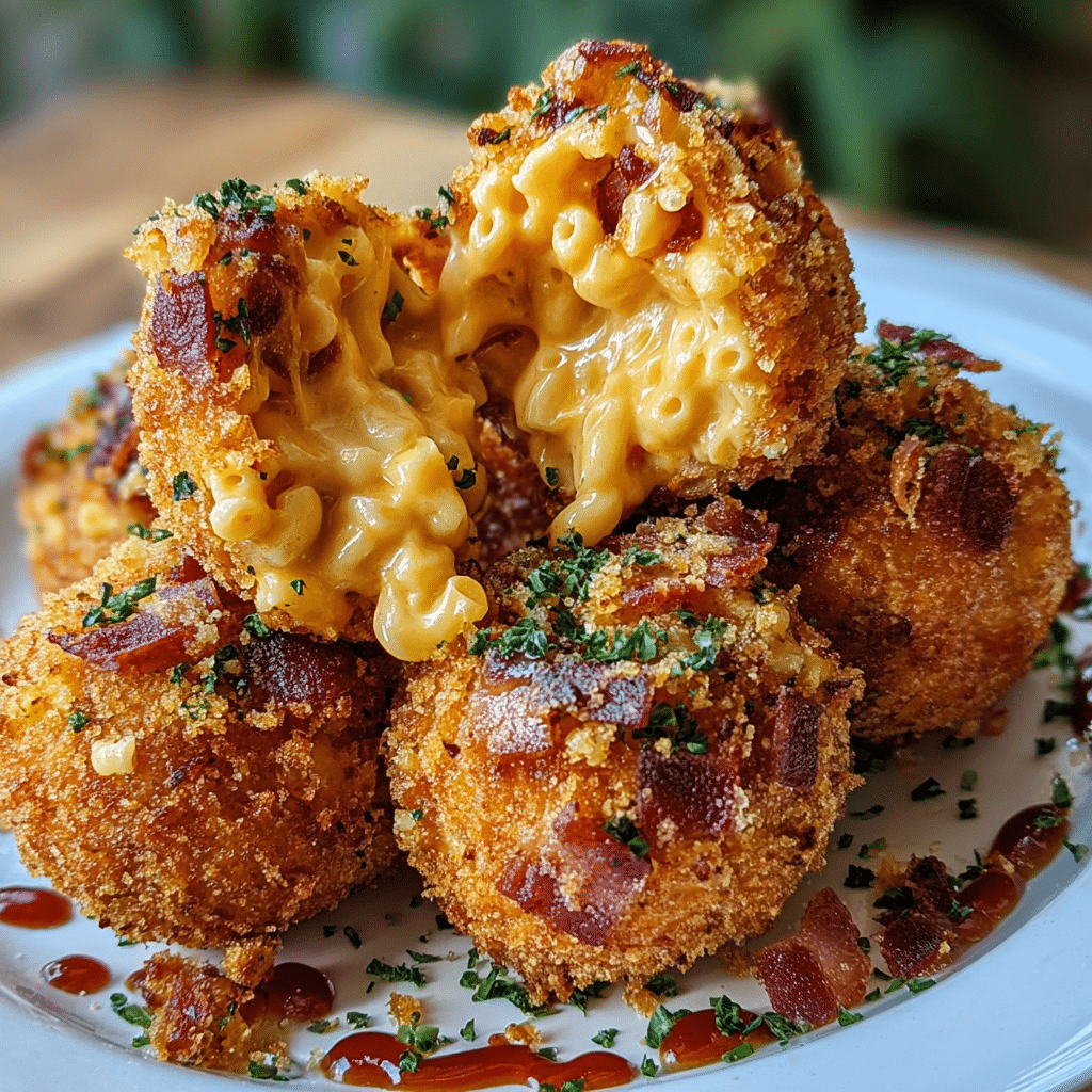 Deep-Fried BBQ Bacon Mac 'n' Cheese Balls – crispy golden crust with smoky bacon and creamy cheese filling.