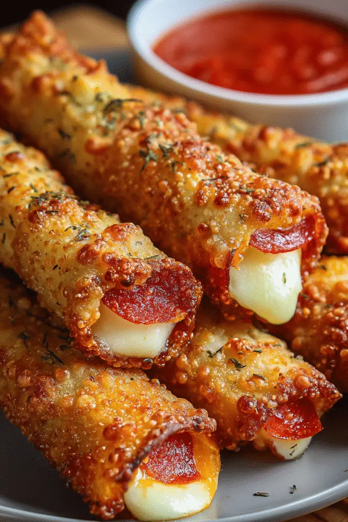 Deep fried pizza sticks mozzarella ingredients egg roll wrappers pepperoni string cheese preparation