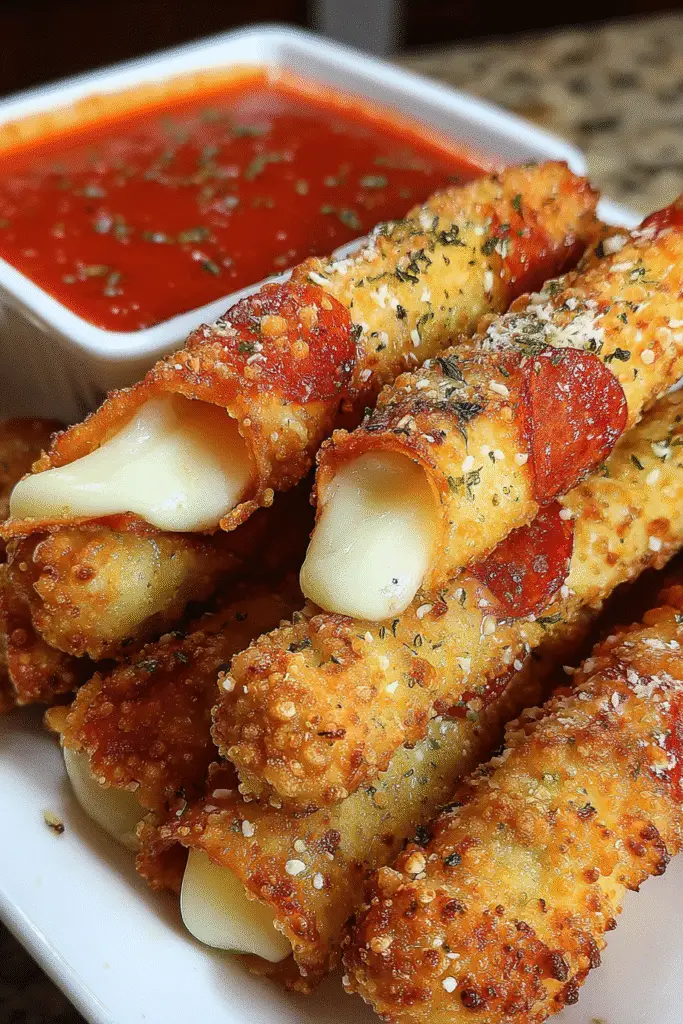 Deep fried pizza sticks with mozzarella finished recipe golden brown crispy texture dipping sauce