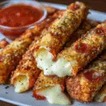 Deep fried pizza sticks with mozzarella cheese golden brown crispy exterior close up macro shot